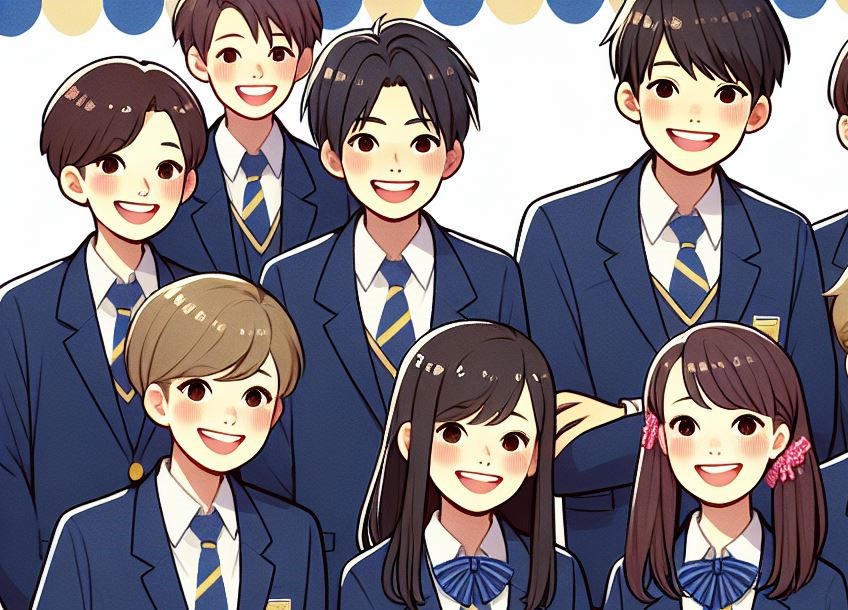 An anime-style illustration of high school students in navy blue blazers happily selling items at an
